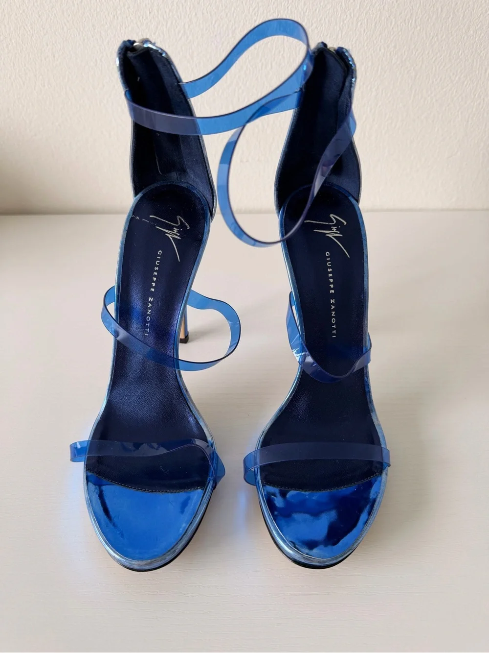 Giuseppe Zanotti Metallic Blue Clear-Strap Stiletto Sandals Size 38